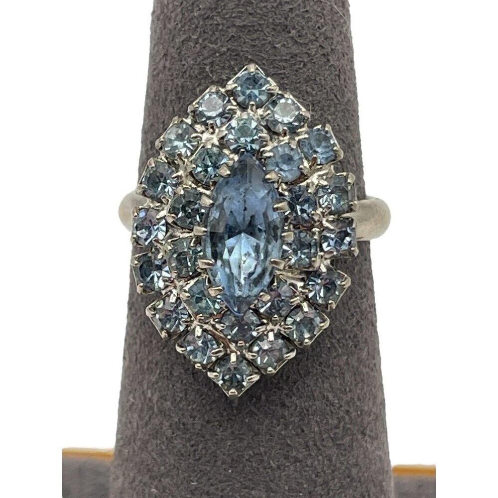 VTG Light‎ Blue Rhinestone Silver Tone Metal Cocktail Ring Adjustable Size 5.25